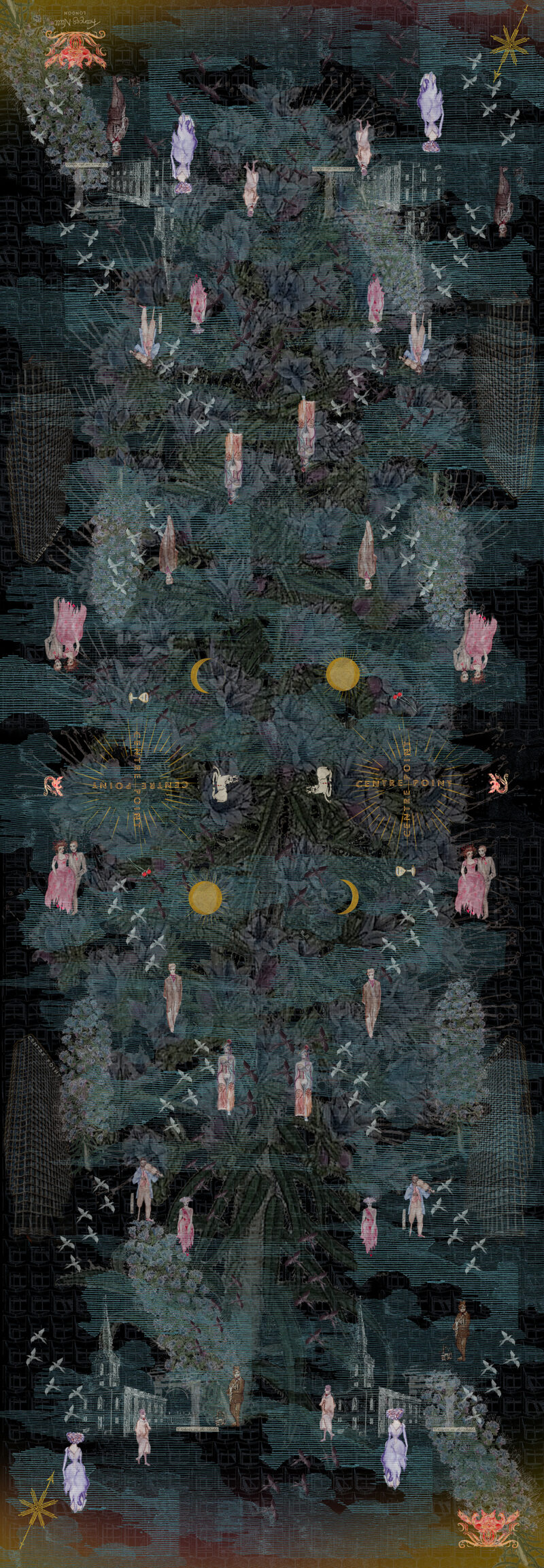 Phoenix Garden ~ St Giles Rookery <br>white, pink, black <br>Scarf 150 x 25cms - Image 3